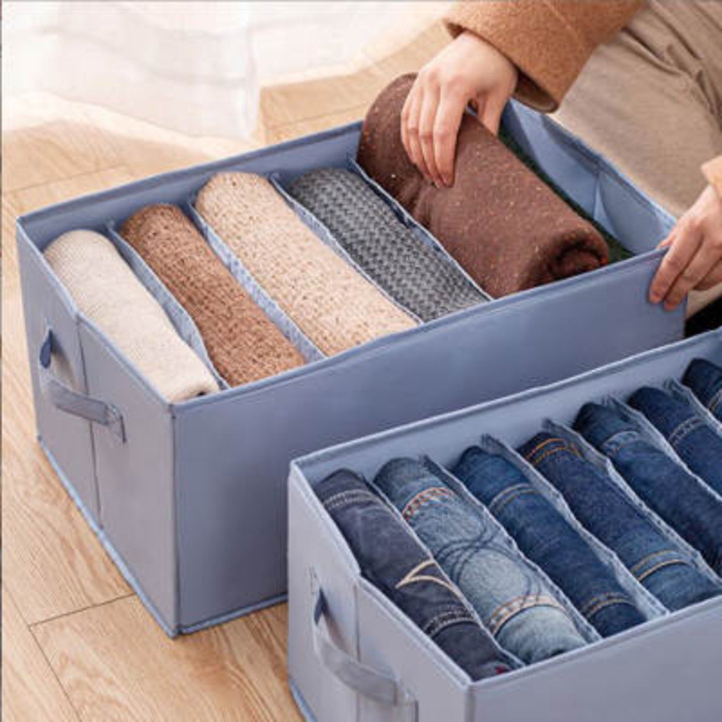 2pcs Large Clothes Drawer Organiser, Foldable 6 Grids Wardrobe Organisers, For Pants, Jeans, Joggers, Trousers, Sweaters, Cardigans (44*28*22cm)
